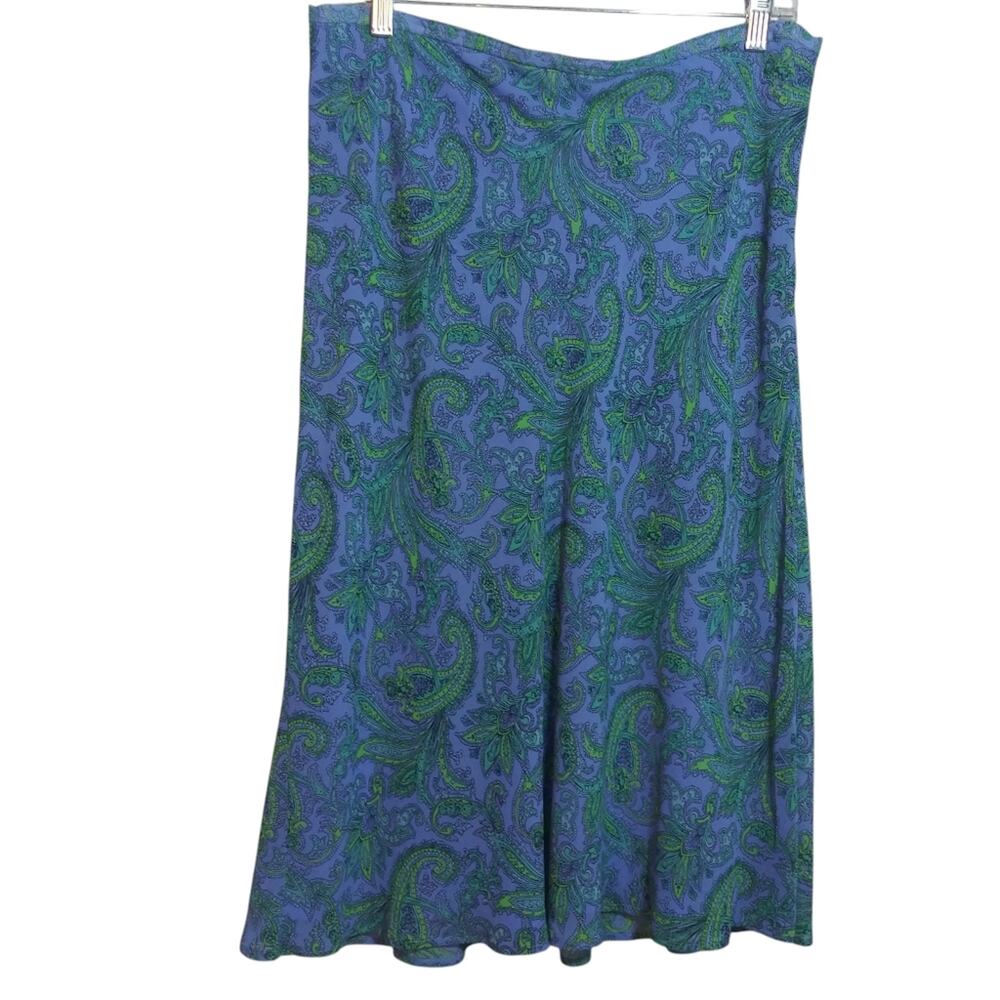 Evan Picone Blue and Green Paisley Midi A-line Skirt Slinky Size 12